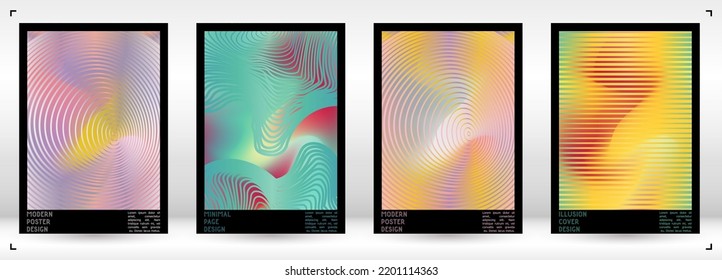 Geometrical Poster Design with Optical Illusion Effect.  Modern Psychedelic Cover Page Collection. Pastel Wave Lines Background. Fluid Stripes Art. Swiss Design. Vector Illustration for Placard.