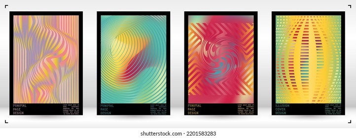 Geometrical Poster Design with Optical Illusion Effect.  Minimal Psychedelic Cover Page Collection. Bright Wave Lines Background. Fluid Stripes Art. Swiss Design. Vector Illustration for Brochure.