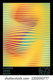 Geometrical Poster Design with Optical Illusion Effect.  Minimal Psychedelic Cover Page Collection. Gradint Wave Lines Background. Fluid Stripes Art. Swiss Design. Vector Illustration for Flyer.