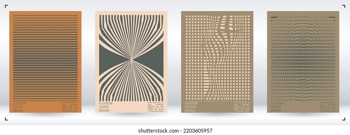 Geometrical Poster Design with Optical Illusion Effect.  Minimal Psychedelic Cover Page Collection. Monochrome Wave Lines Background. Fluid Stripes Art. Swiss Design. Vector Illustration for Report.