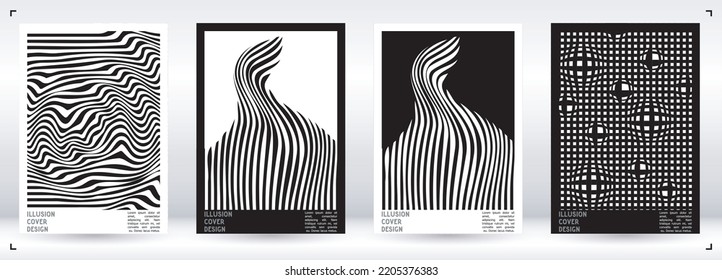 Geometrical Poster Design with Optical Illusion Effect.  Modern Psychedelic Cover Page Collection. Monochrome Wave Lines Background. Fluid Stripes Art. Swiss Design. Vector Illustration for Magazine.