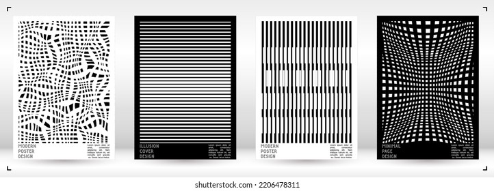 Geometrical Poster Design with Optical Illusion Effect.  Minimal Psychedelic Cover Page Collection. Monochrome Wave Lines Background. Fluid Stripes Art. Swiss Design. Vector Illustration for Magazine.