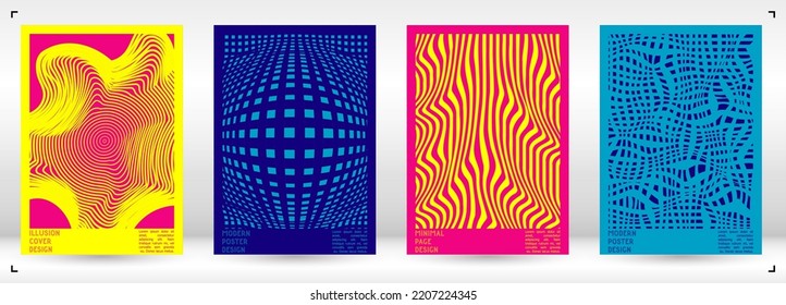Geometrical Poster Design with Optical Illusion Effect.  Modern Psychedelic Cover Page Collection. Monochrome Wave Lines Background. Fluid Stripes Art. Swiss Design. Vector Illustration for Flyer.