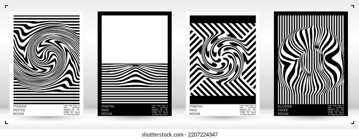 Geometrical Poster Design with Optical Illusion Effect.  Modern Psychedelic Cover Page Collection. Monochrome Wave Lines Background. Fluid Stripes Art. Swiss Design. Vector Illustration for Booklet. 