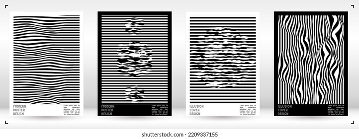 Geometrical Poster Design with Optical Illusion Effect.  Minimal Psychedelic Cover Page Collection. Monochrome Wave Lines Background. Fluid Stripes Art. Swiss Design. Vector Illustration for Magazine.