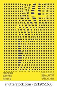 Geometrical Poster Design with Optical Illusion Effect.  Minimal Psychedelic Cover Page Collection. Neon Wave Lines Background. Fluid Stripes Art. Swiss Design. Vector Illustration for Banner. 