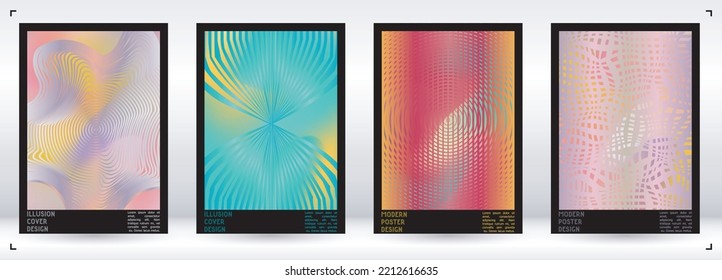 Geometrical Poster Design with Optical Illusion Effect.  Modern Psychedelic Cover Page Collection. Rainbow Wave Lines Background. Fluid Stripes Art. Swiss Design. Vector Illustration for Report.