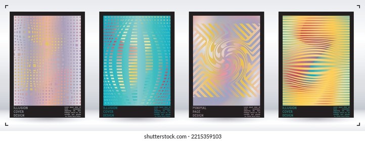 Geometrical Poster Design with Optical Illusion Effect.  Minimal Psychedelic Cover Page Collection. Neon Wave Lines Background. Fluid Stripes Art. Swiss Design. Vector Illustration for Report.