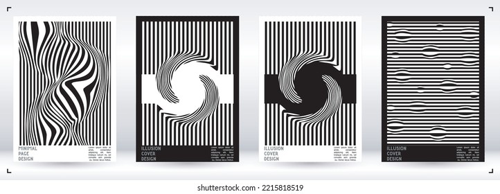 Geometrical Poster Design with Optical Illusion Effect.  Modern Psychedelic Cover Page Collection. Monochrome Wave Lines Background. Fluid Stripes Art. Swiss Design. Vector Illustration for Placard.