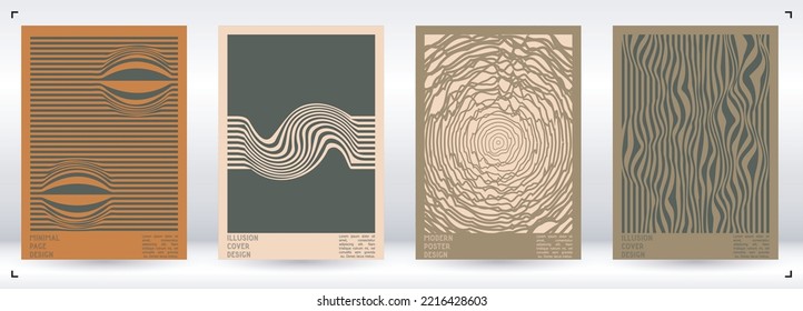 Geometrical Poster Design with Optical Illusion Effect.  Minimal Psychedelic Cover Page Collection. Brown Wave Lines Background. Fluid Stripes Art. Swiss Design. Vector Illustration for Flyer.