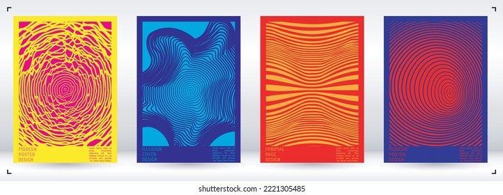 Geometrical Poster Design with Optical Illusion Effect.  Minimal Psychedelic Cover Page Collection. Monochrome Wave Lines Background. Fluid Stripes Art. Swiss Design. Vector Illustration for Placard.