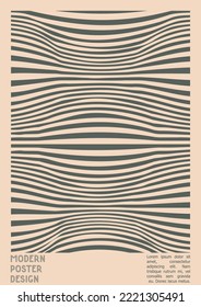 Geometrical Poster Design with Optical Illusion Effect.  Modern Psychedelic Cover Page Collection. Brown Wave Lines Background. Fluid Stripes Art. Swiss Design. Vector Illustration for Banner. 