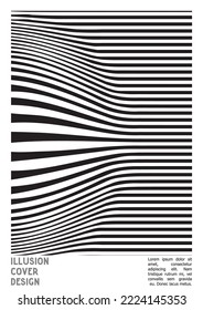 Geometrical Poster Design with Optical Illusion Effect.  Minimal Psychedelic Cover Page Collection. Monochrome Wave Lines Background. Fluid Stripes Art. Swiss Design. Vector Illustration for Brochure.