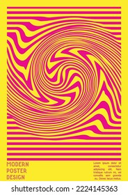 Geometrical Poster Design with Optical Illusion Effect.  Modern Psychedelic Cover Page Collection. Colourful Wave Lines Background. Fluid Stripes Art. Swiss Design. Vector Illustration for Magazine.