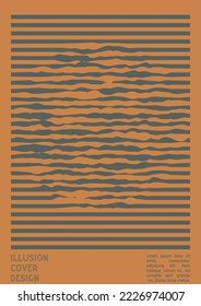 Diseño de afiches geométricos con efecto de ilusión óptica.  Colección moderna de portadas psicodélicas. Fondo de las líneas de onda marrón. Arte de Rayas Fluidas. Diseño Suizo. Ilustración vectorial para pancarta. 