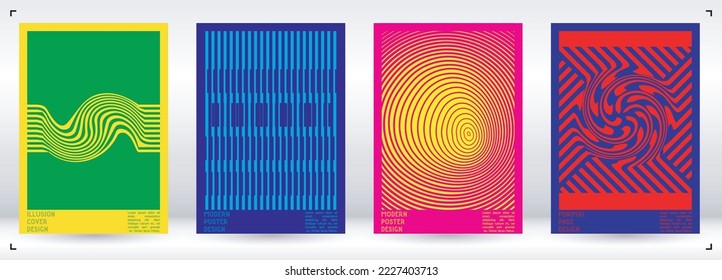 Geometrisches Poster-Design mit optischem Illusionseffekt.  Modern Psychedelic Cover Page Collection. einfarbiger Hintergrund der Wellenlinien. Fluid Stripes Art. Swiss Design. Vektorgrafik für Broschüren.
