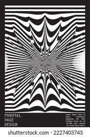 Diseño de afiches geométricos con efecto de ilusión óptica.  Colección mínima de portadas psicodélicas. Fondo de las líneas onduladas monocromáticas. Arte de Rayas Fluidas. Diseño Suizo. Ilustración vectorial para folleto.