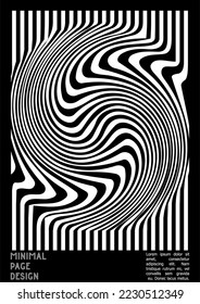 Diseño de afiches geométricos con efecto de ilusión óptica.  Colección moderna de portadas psicodélicas. Fondo de las líneas onduladas monocromáticas. Arte de Rayas Fluidas. Diseño Suizo. Ilustración vectorial para la revista.