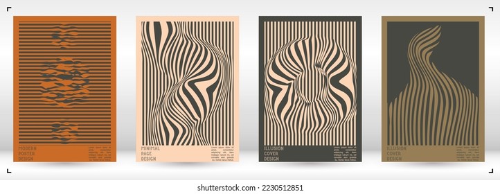 Geometrical Poster Design with Optical Illusion Effect.  Minimal Psychedelic Cover Page Collection. Brown Wave Lines Background. Fluid Stripes Art. Swiss Design. Vector Illustration for Banner. 