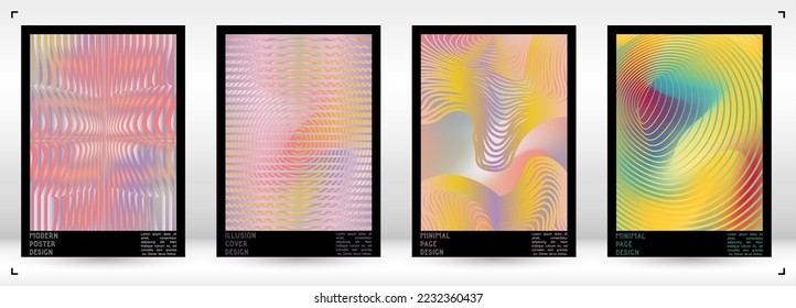 Geometrical Poster Design with Optical Illusion Effect.  Modern Psychedelic Cover Page Collection. Pastel Wave Lines Background. Fluid Stripes Art. Swiss Design. Vector Illustration for Brochure.