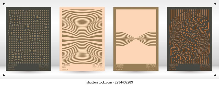 Diseño de afiches geométricos con efecto de ilusión óptica.  Colección mínima de portadas psicodélicas. Fondo de las líneas de onda tranquilas. Arte de Rayas Fluidas. Diseño Suizo. Ilustración vectorial para el folleto. 