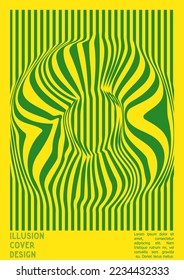 Geometrical Poster Design with Optical Illusion Effect.  Minimal Psychedelic Cover Page Collection. Monochrome Wave Lines Background. Fluid Stripes Art. Swiss Design. Vector Illustration for Brochure.