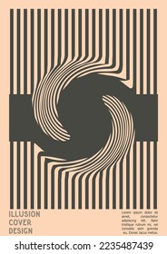 Geometrical Poster Design with Optical Illusion Effect.  Minimal Psychedelic Cover Page Collection. Grey Wave Lines Background. Fluid Stripes Art. Swiss Design. Vector Illustration for Report, 
