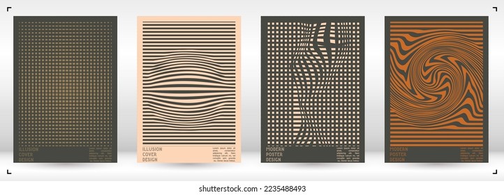 Geometrical Poster Design with Optical Illusion Effect.  Minimal Psychedelic Cover Page Collection. Calm Wave Lines Background. Fluid Stripes Art. Swiss Design. Vector Illustration for Booklet. 