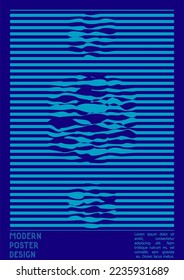 Diseño de afiches geométricos con efecto de ilusión óptica.  Colección mínima de portadas psicodélicas. Fondo de las líneas de onda de neón. Arte de Rayas Fluidas. Diseño Suizo. Ilustración vectorial para el folleto. 