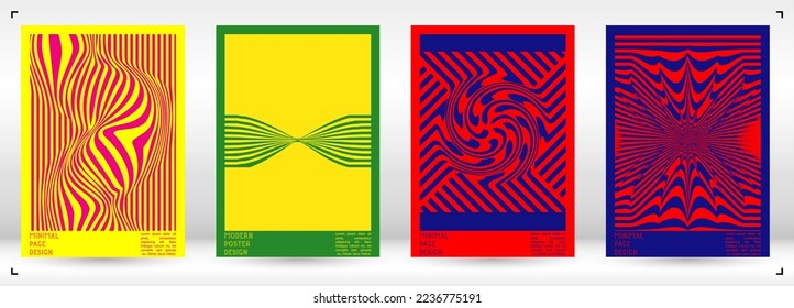 Geometrical Poster Design with Optical Illusion Effect.  Minimal Psychedelic Cover Page Collection. Neon Wave Lines Background. Fluid Stripes Art. Swiss Design. Vector Illustration for Banner. 