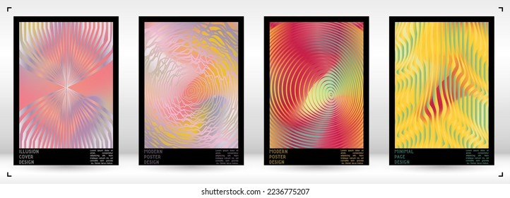 Geometrical Poster Design with Optical Illusion Effect.  Minimal Psychedelic Cover Page Collection. Monochrome Wave Lines Background. Fluid Stripes Art. Swiss Design. Vector Illustration for Booklet. 