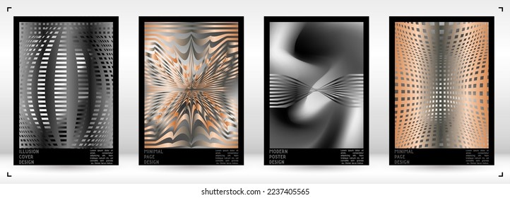 Geometrical Poster Design with Optical Illusion Effect.  Minimal Psychedelic Cover Page Collection. Calm Wave Lines Background. Fluid Stripes Art. Swiss Design. Vector Illustration for Report.