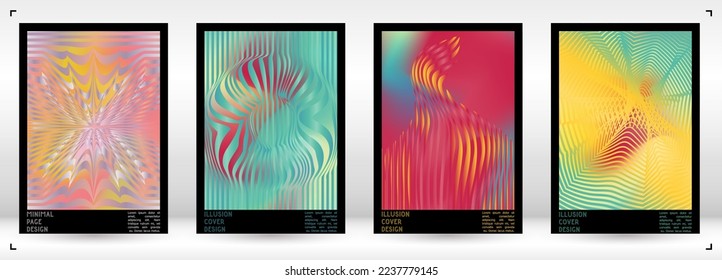 Geometrical Poster Design with Optical Illusion Effect.  Modern Psychedelic Cover Page Collection. Rainbow Wave Lines Background. Fluid Stripes Art. Swiss Design. Vector Illustration for Report.