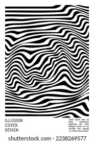 Geometrisches Poster-Design mit optischem Illusionseffekt.  Minimale Kollektion von psychedelischen Titelseiten. einfarbiger Hintergrund der Wellenlinien. Fluid Stripes Art. Swiss Design. Vektorgrafik für Broschüren. 
