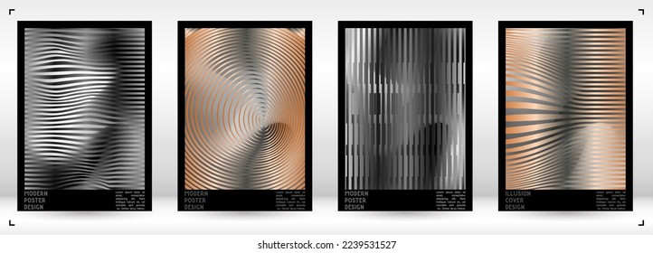 Geometrisches Poster-Design mit optischem Illusionseffekt.  Minimale Kollektion von psychedelischen Titelseiten. Helle Wellenlinien, Hintergrund. Fluid Stripes Art. Swiss Design. Vektorgrafik für Banner. 