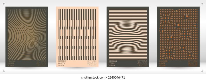 Geometrical Poster Design with Optical Illusion Effect.  Minimal Psychedelic Cover Page Collection. Brown Wave Lines Background. Fluid Stripes Art. Swiss Design. Vector Illustration for Brochure.