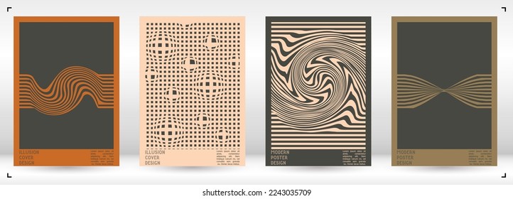 Geometrical Poster Design with Optical Illusion Effect.  Minimal Psychedelic Cover Page Collection. Neon Wave Lines Background. Fluid Stripes Art. Swiss Design. Vector Illustration for Flyer.