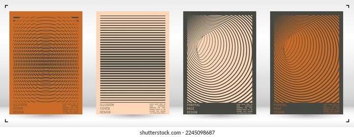 Geometrical Poster Design with Optical Illusion Effect.  Minimal Psychedelic Cover Page Collection. Brown Wave Lines Background. Fluid Stripes Art. Swiss Design. Vector Illustration for Banner. 