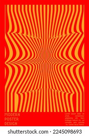 Geometrical Poster Design with Optical Illusion Effect.  Minimal Psychedelic Cover Page Collection. Neon Wave Lines Background. Fluid Stripes Art. Swiss Design. Vector Illustration for Flyer.