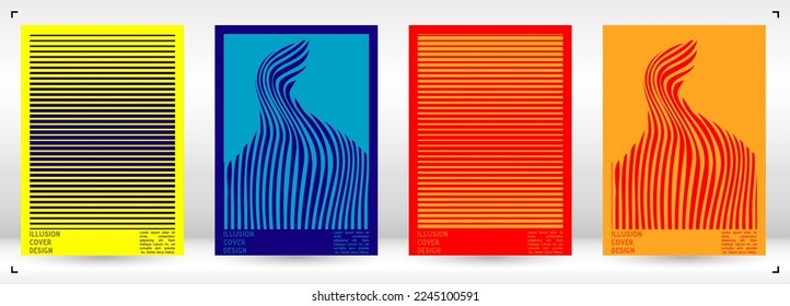 Geometrical Poster Design with Optical Illusion Effect.  Minimal Psychedelic Cover Page Collection. Monochrome Wave Lines Background. Fluid Stripes Art. Swiss Design. Vector Illustration for Banner. 