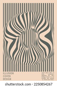 Geometrical Poster Design with Optical Illusion Effect.  Modern Psychedelic Cover Page Collection. Brown Wave Lines Background. Fluid Stripes Art. Swiss Design. Vector Illustration for Booklet. 