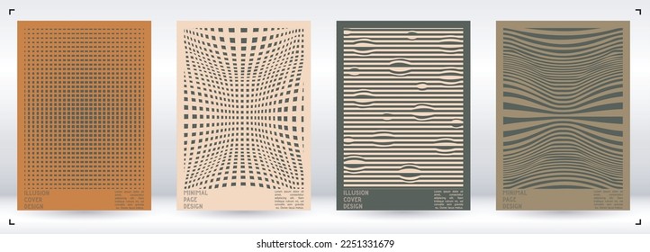 Geometrical Poster Design with Optical Illusion Effect.  Minimal Psychedelic Cover Page Collection. Calm Wave Lines Background. Fluid Stripes Art. Swiss Design. Vector Illustration for Report.