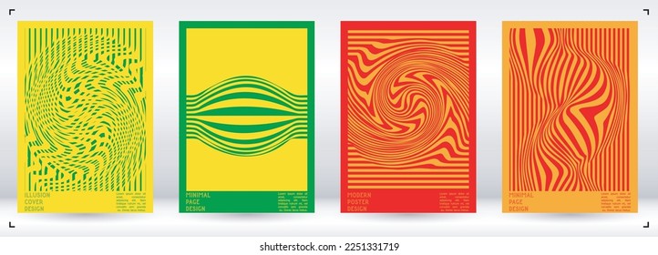 Geometrical Poster Design with Optical Illusion Effect.  Minimal Psychedelic Cover Page Collection. Monochrome Wave Lines Background. Fluid Stripes Art. Swiss Design. Vector Illustration for Placard.