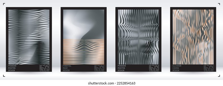 Geometrical Poster Design with Optical Illusion Effect.  Minimal Psychedelic Cover Page Collection. Brown Wave Lines Background. Fluid Stripes Art. Swiss Design. Vector Illustration for Placard.