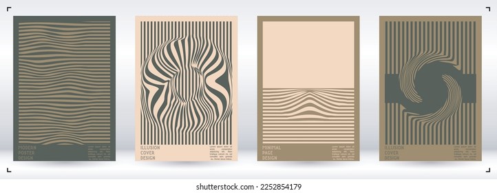 Geometrical Poster Design with Optical Illusion Effect.  Minimal Psychedelic Cover Page Collection. Bright Wave Lines Background. Fluid Stripes Art. Swiss Design. Vector Illustration for Booklet. 