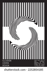 Geometrical Poster Design with Optical Illusion Effect.  Minimal Psychedelic Cover Page Collection. Monochrome Wave Lines Background. Fluid Stripes Art. Swiss Design. Vector Illustration for Booklet. 