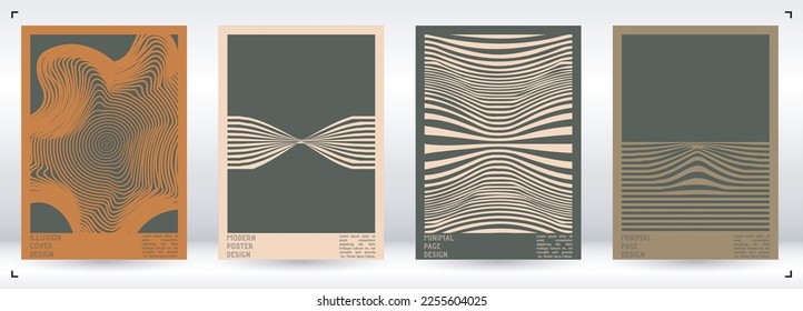 Geometrical Poster Design with Optical Illusion Effect.  Modern Psychedelic Cover Page Collection. Pastel Wave Lines Background. Fluid Stripes Art. Swiss Design. Vector Illustration for Magazine.
