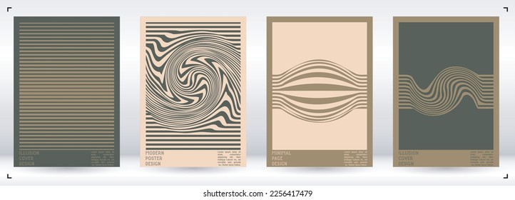 Geometrical Poster Design with Optical Illusion Effect.  Minimal Psychedelic Cover Page Collection. Calm Wave Lines Background. Fluid Stripes Art. Swiss Design. Vector Illustration for Placard.