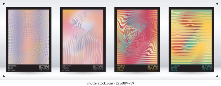 Geometrical Poster Design with Optical Illusion Effect.  Minimal Psychedelic Cover Page Collection. Calm Wave Lines Background. Fluid Stripes Art. Swiss Design. Vector Illustration for Flyer.