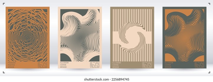 Geometrical Poster Design with Optical Illusion Effect.  Minimal Psychedelic Cover Page Collection. Brown Wave Lines Background. Fluid Stripes Art. Swiss Design. Vector Illustration for Report.